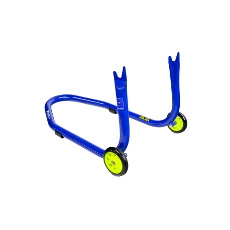 Caballete trasero para soporte de diabolos azul con ruedas amarillas